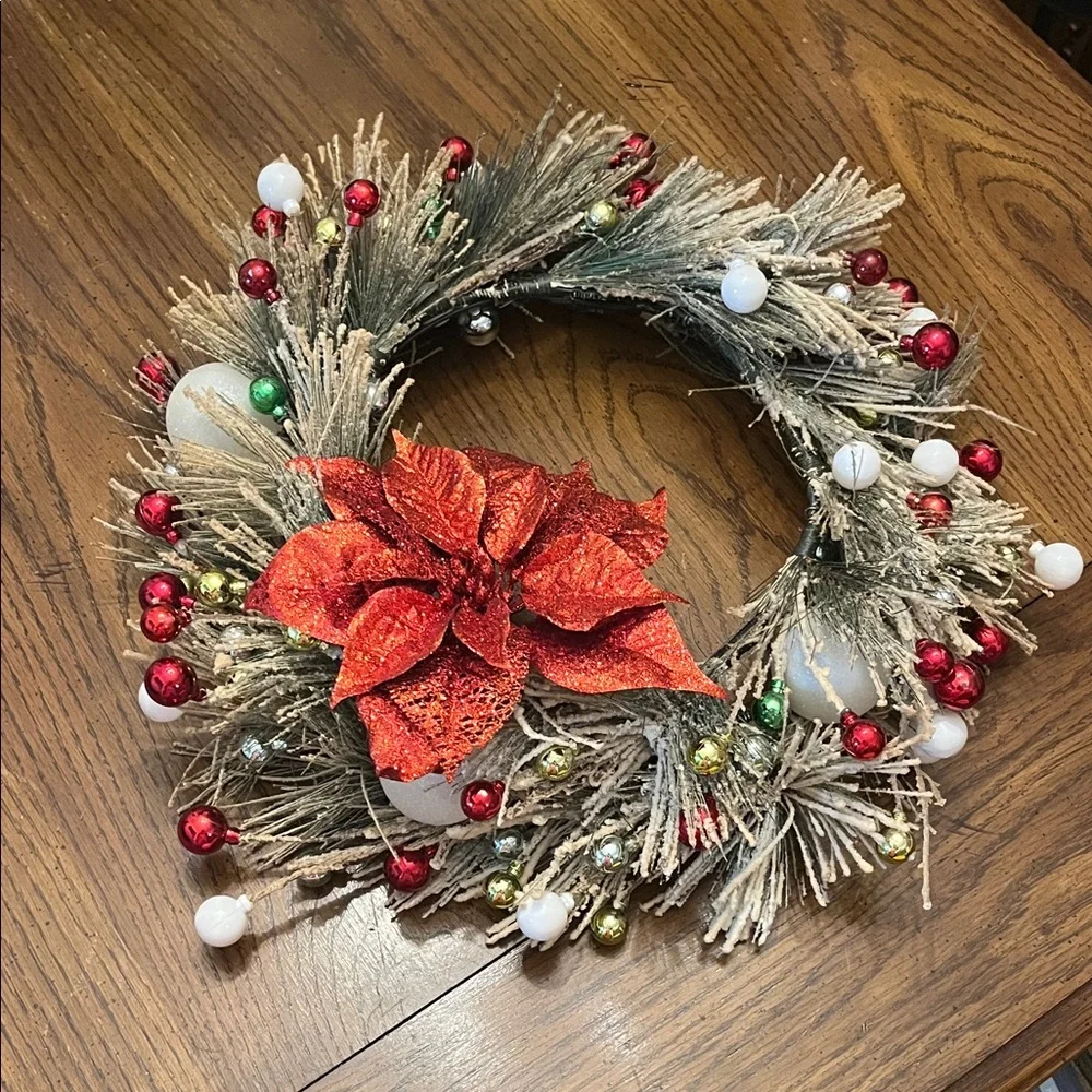 Festive Holiday Wreath with Red Poinsettia‎